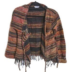 Mexicali Blues 100% Wool Open Front Cardigan Neutral Stripe Fringe Womens Size S